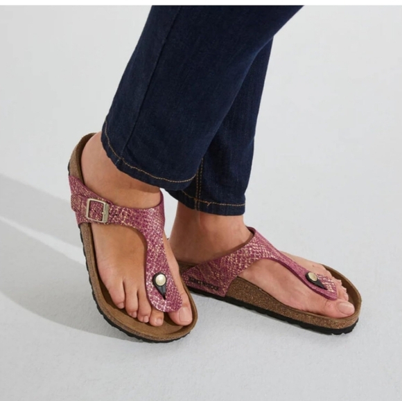 Birkenstock Women's Shiny Python Gizeh Toe-Post Sandals Fuchsia - Picture 2 of 10